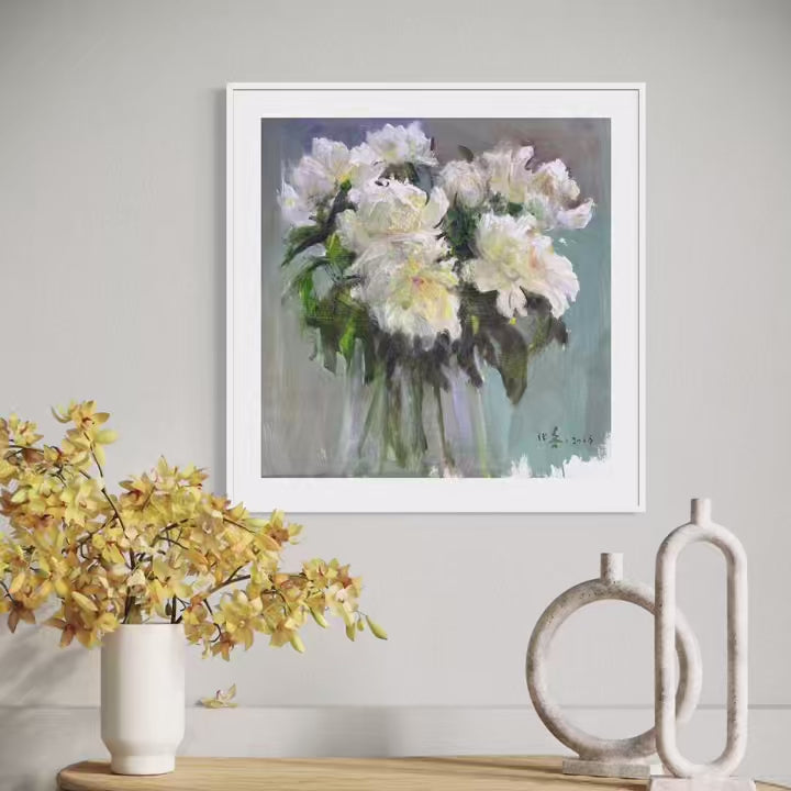 Short-form video cover featuring a framed white peony oil painting displayed in a refined contemporary living space.