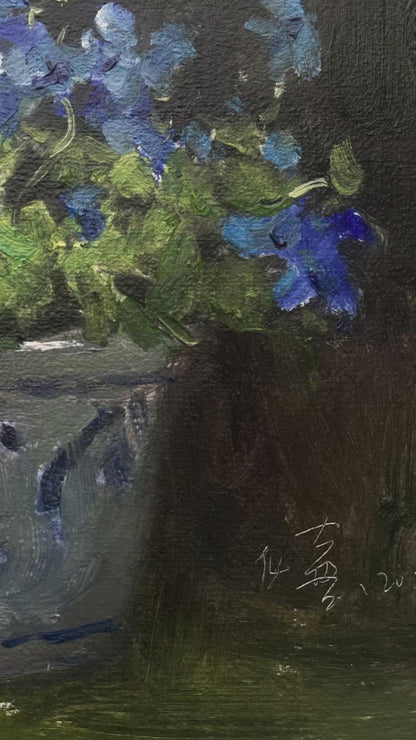Blue Flowers in a Ceramic Pot – Original Floral Oil Painting