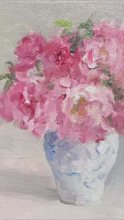 Pink Flowers in a Blue Vase – Original Flower Oil Painting for Home Decor