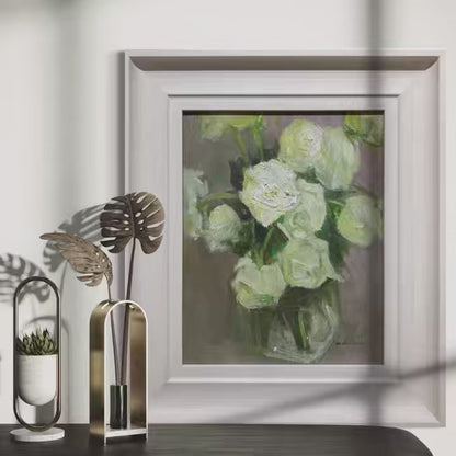 Short reel featuring an original oil painting of white roses in different interior settings. The video highlights framing details, painterly texture, and the quiet atmosphere the artwork brings into living spaces.