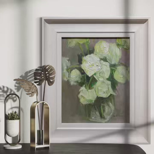 Short reel featuring an original oil painting of white roses in different interior settings. The video highlights framing details, painterly texture, and the quiet atmosphere the artwork brings into living spaces.