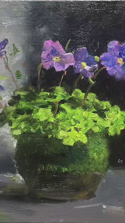 Purple Flowers in a Green Pot – Original Flower Oil Painting for Interior Decor