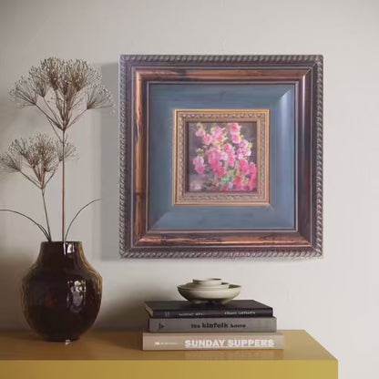 Short-form video cover featuring an original pink flower oil painting in an antique gallery frame styled within an elegant home interior.
