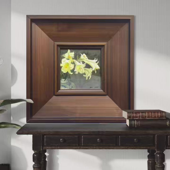 Short-form video cover featuring a framed original yellow floral oil painting displayed in a sophisticated interior environment with soft natural lighting.