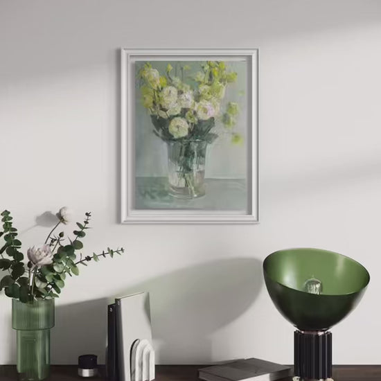 Original floral oil painting styled in a minimalist contemporary interior with sculptural decor and soft natural lighting.