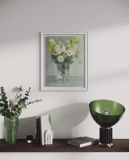 Original floral oil painting styled in a minimalist contemporary interior with sculptural decor and soft natural lighting.