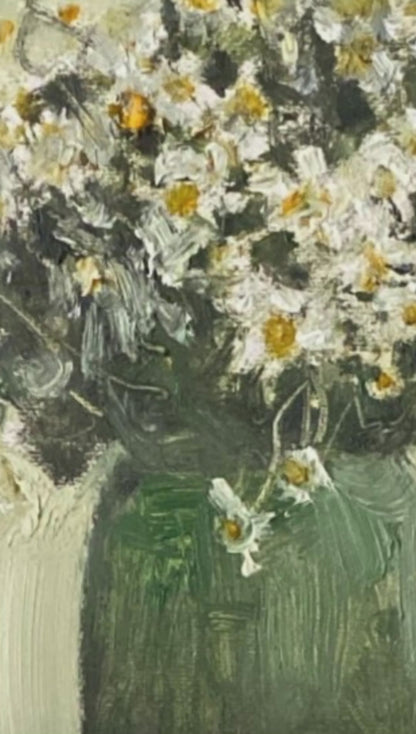 White Daisy Flowers in Glass Vase – Original Flower Oil Painting