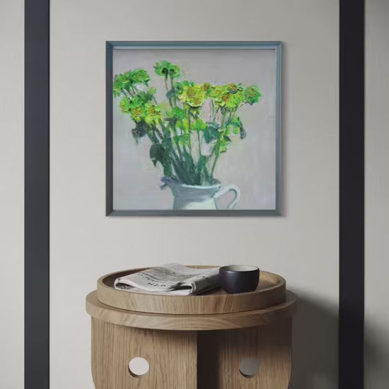 Short reel featuring an original oil painting of green wildflowers shown through close-up details and styled interior scenes. The video highlights expressive brushwork, layered greens, and the quiet atmosphere of the artwork.