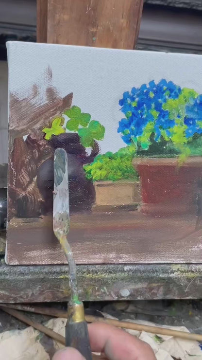 Blue Flowers in a Dark Ceramic Vase – Original Still Life Oil Painting