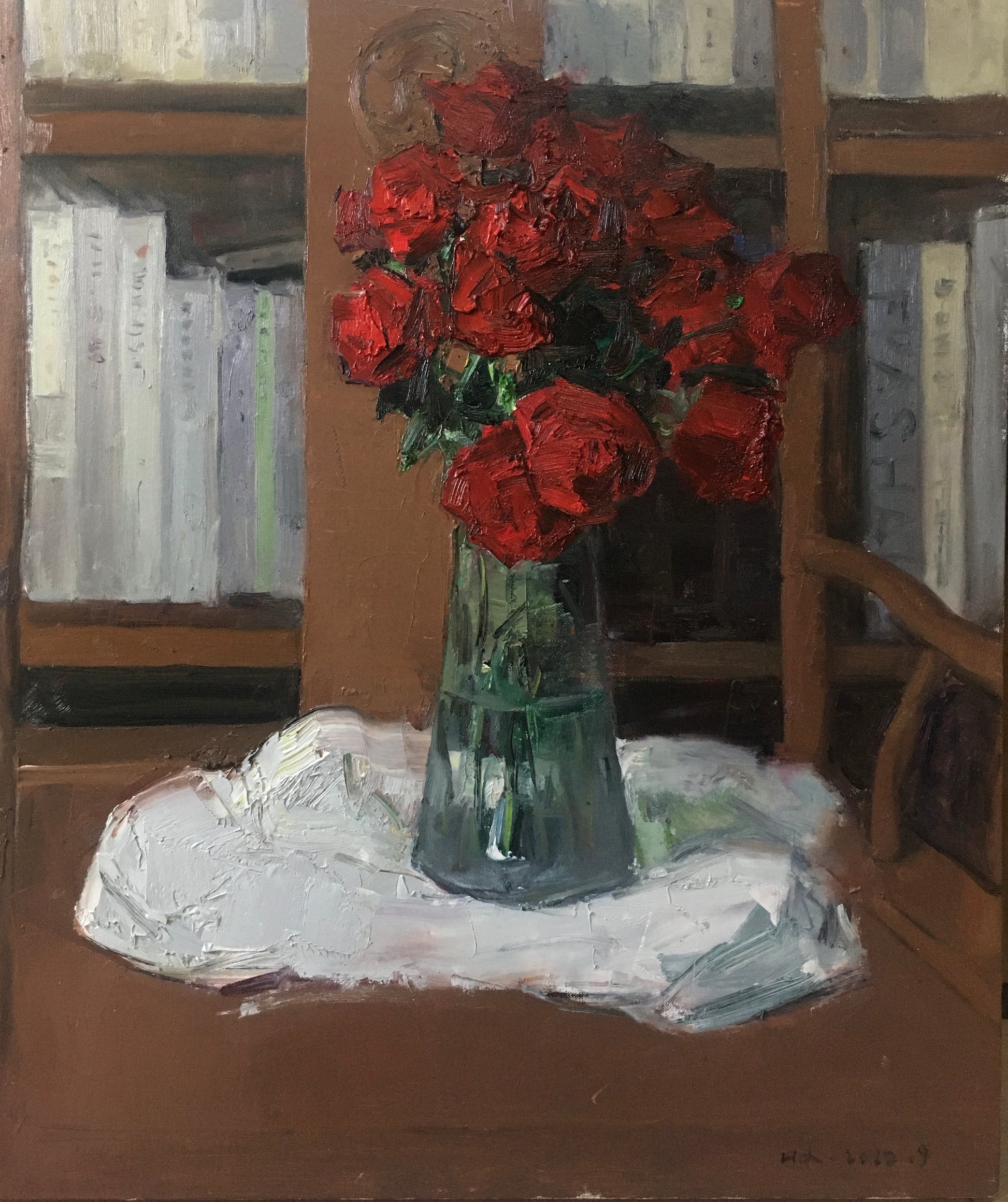 red rose still life oil painting with flowers in glass vase and bookshelf background
