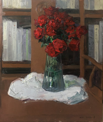 red rose still life oil painting with flowers in glass vase and bookshelf background