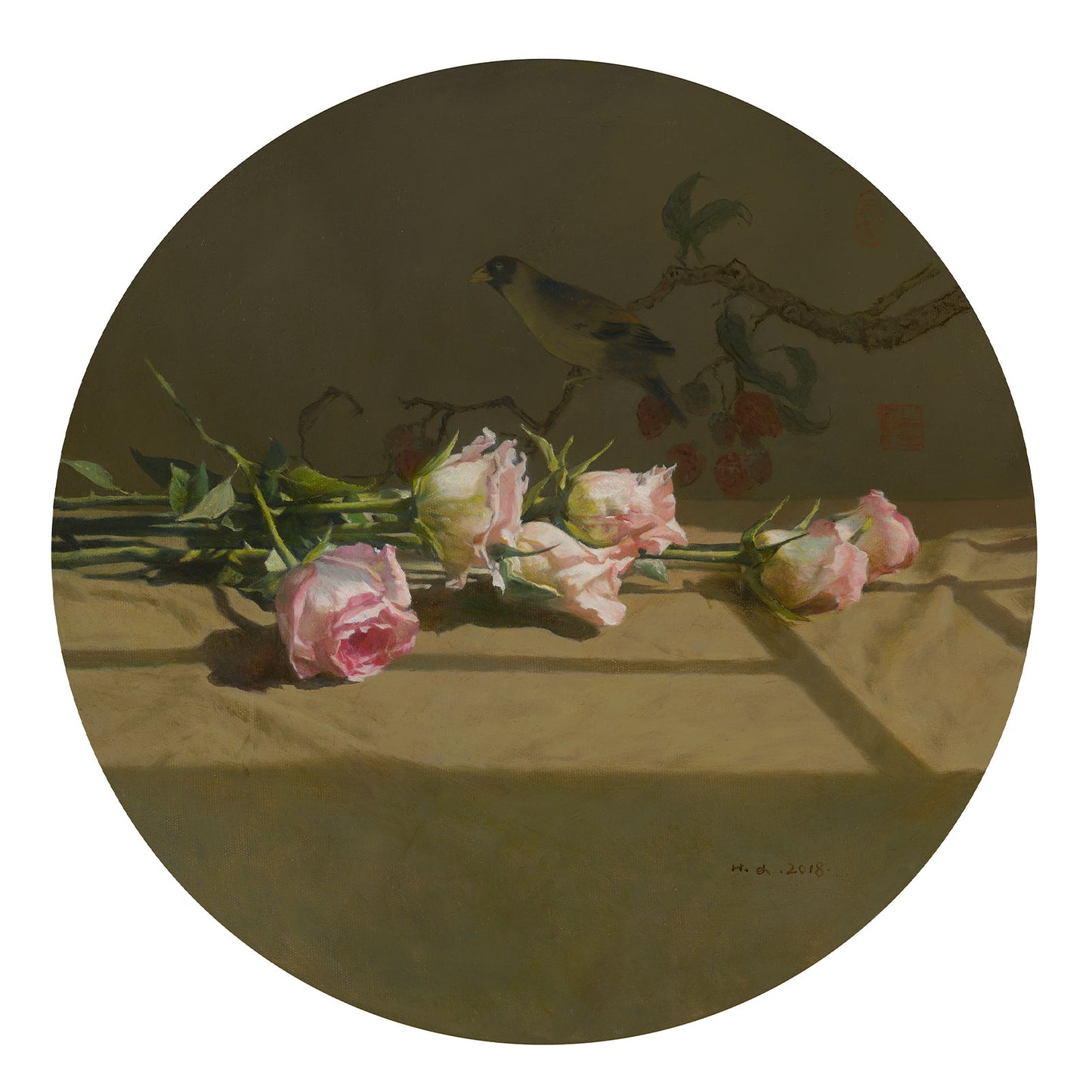 Original oil painting of roses in a still life with a bird motif and warm light in a circular composition