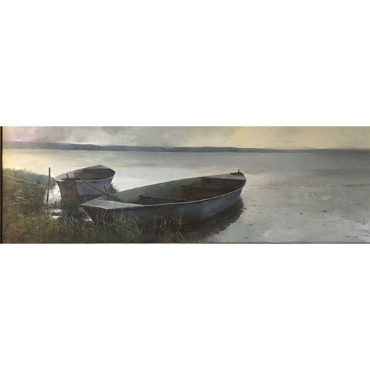 Original oil painting of rowboats by a calm lake with soft light and water reflections