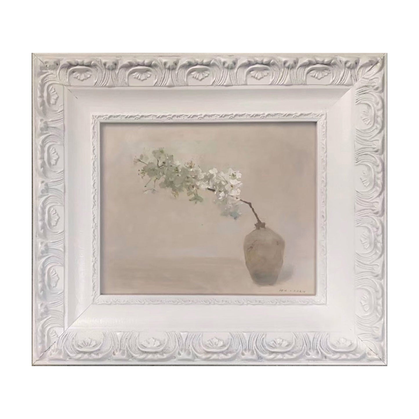 small minimal floral oil painting framed neutral tone original artwork