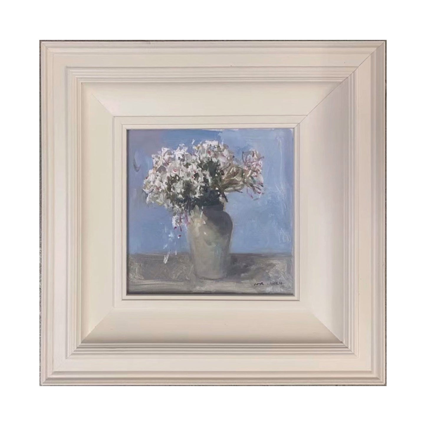 small white floral oil painting framed still life original artwork blue background