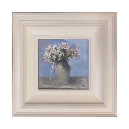 small white floral oil painting framed still life original artwork blue background
