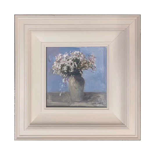 small white floral oil painting framed still life original artwork blue background
