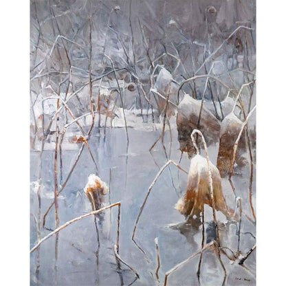 Original oil painting of a snow-covered lotus pond with dried lotus stems and calm water