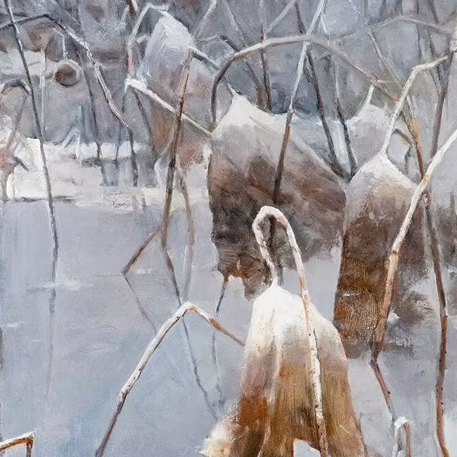 Close-up of lotus pond oil painting showing snow texture and brushwork