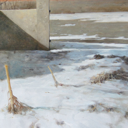 Close-up of oil painting showing snow texture and brushwork