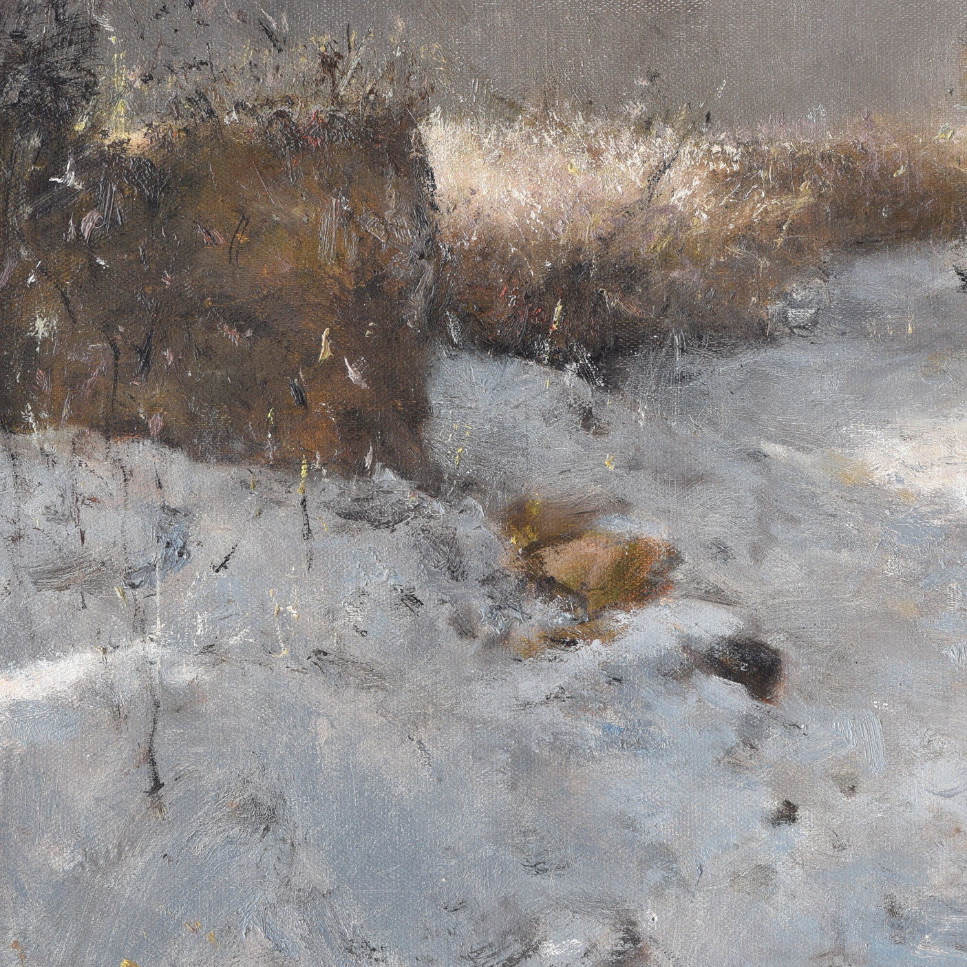 Close-up of oil painting showing textured snow and brushwork