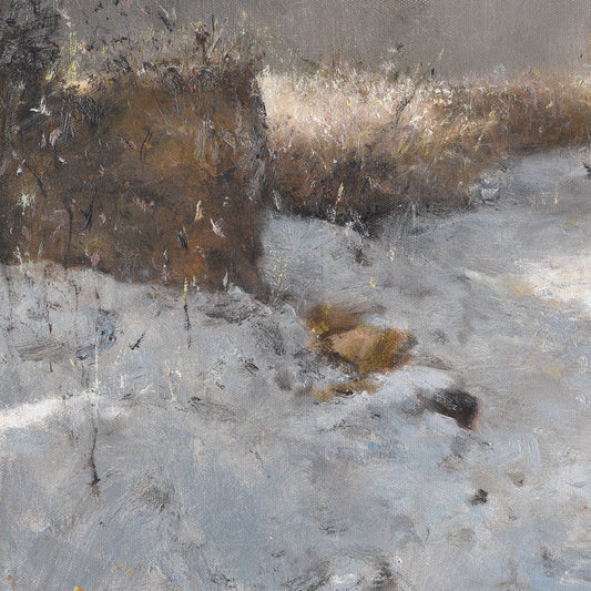 Close-up of oil painting showing textured snow and brushwork