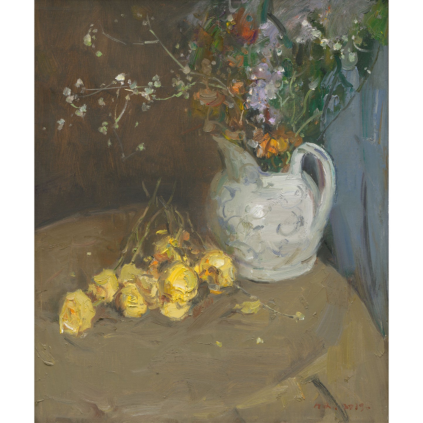 Original oil painting of a still life with flowers in a ceramic pitcher and yellow fruit on a table with warm light