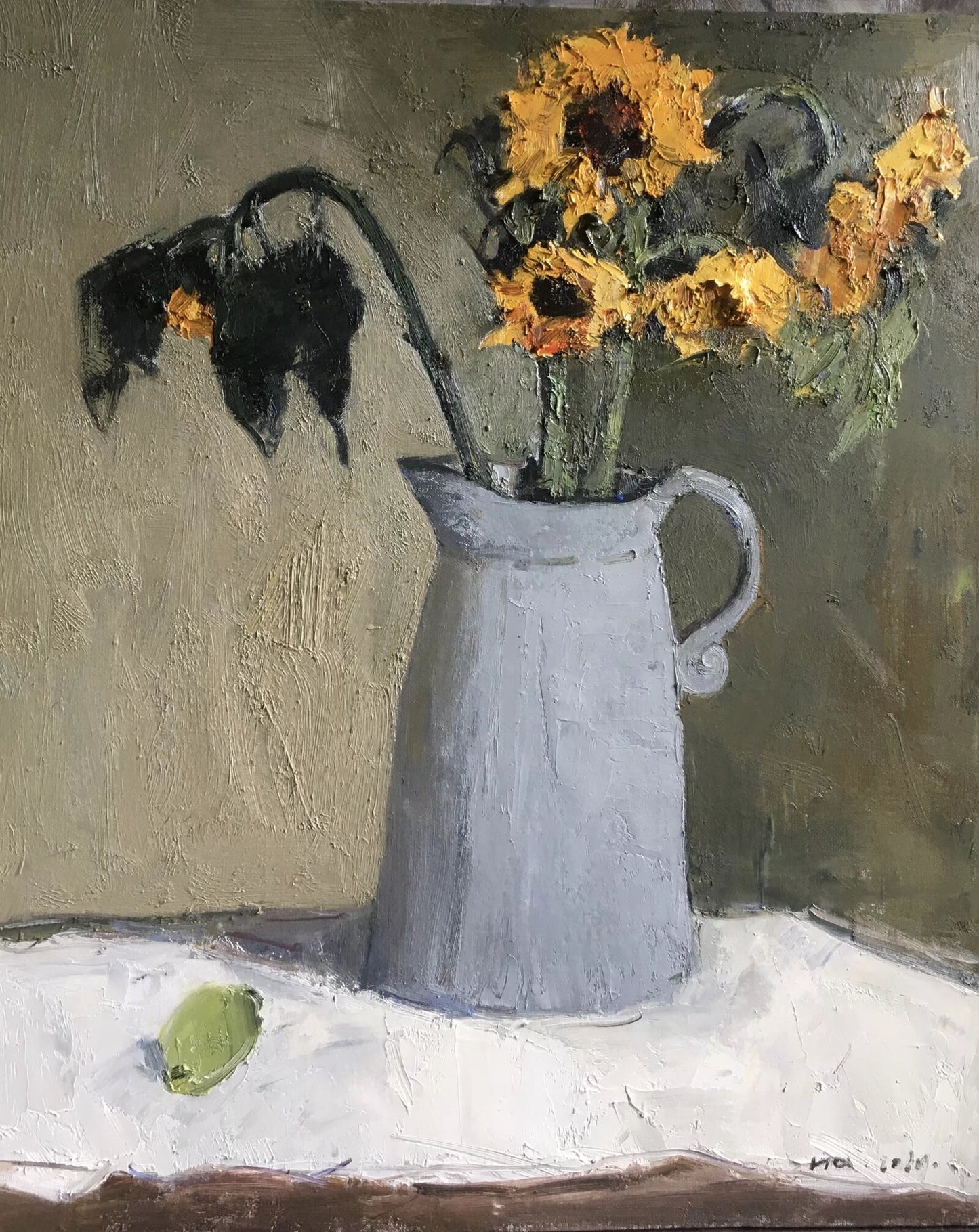 Sunflower still life oil painting with pitcher vase and textured brushwork
