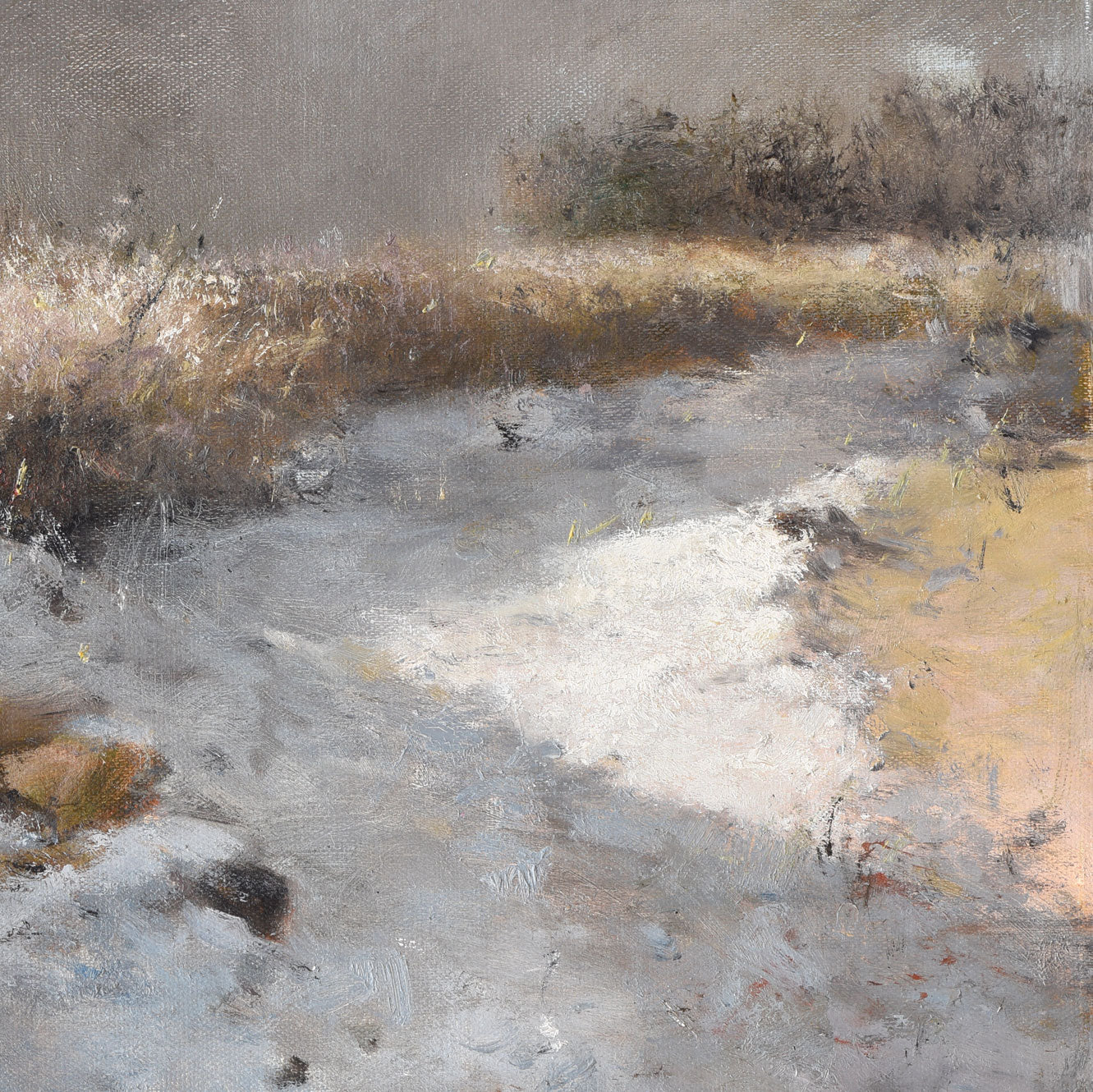 Detail of winter landscape painting with grass and layered surface