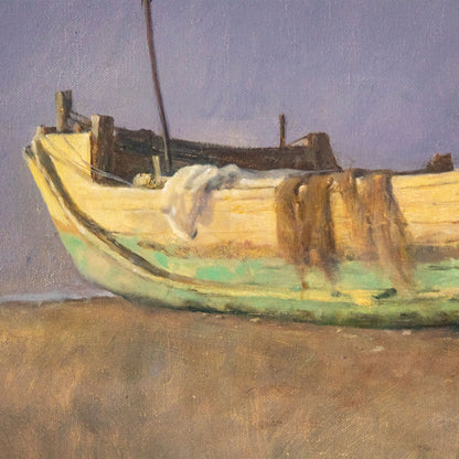 Detail of coastal oil painting with layered brushwork and color transitions