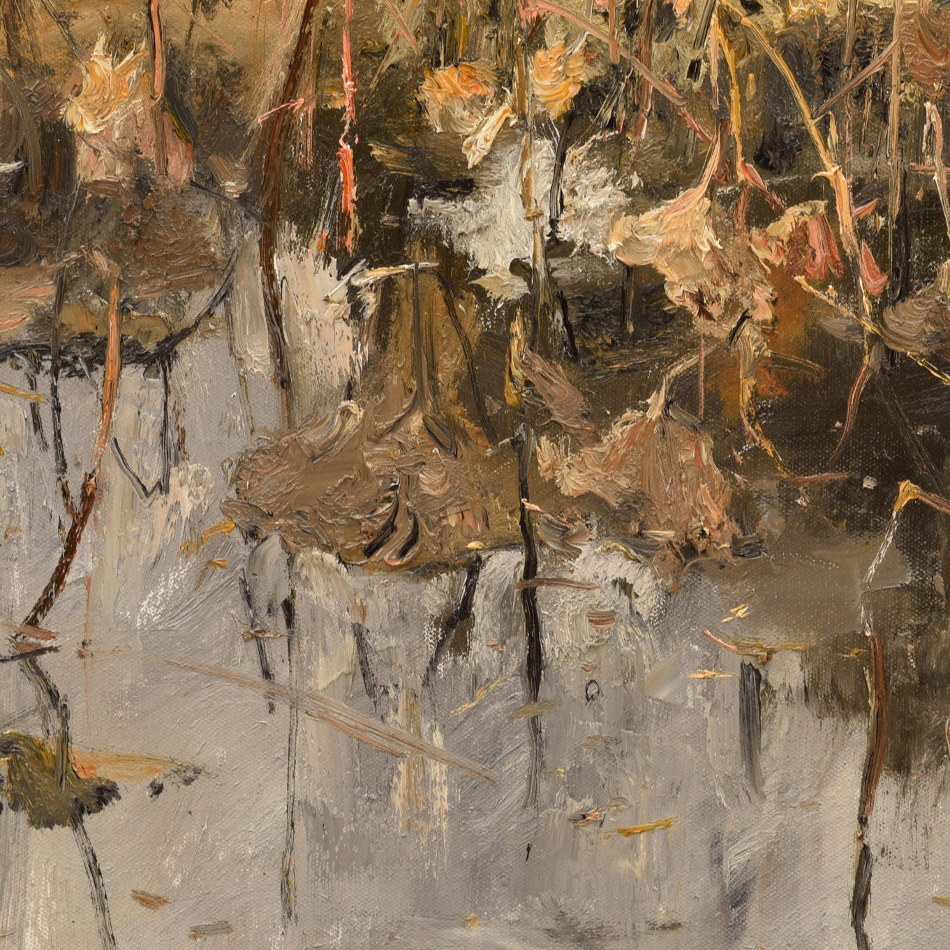 Detail of autumn lotus pond painting with layered brushwork and reflection