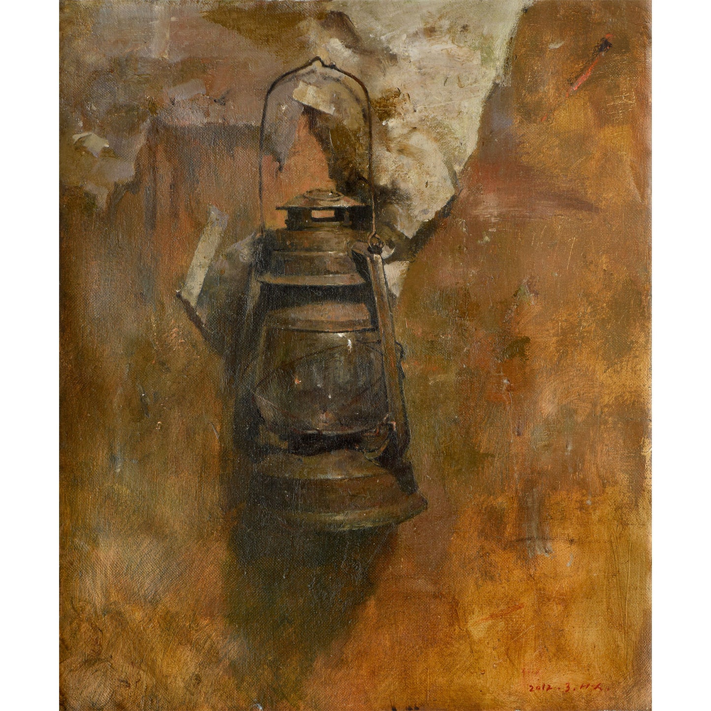 Original still life oil painting of a vintage lantern with warm tones and textured brushwork