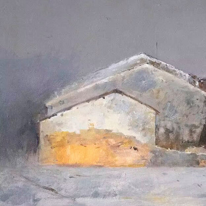 Close-up of oil painting showing soft snow texture and light