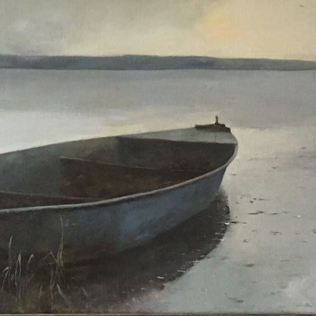 Detail of landscape oil painting with muted tones and light on water