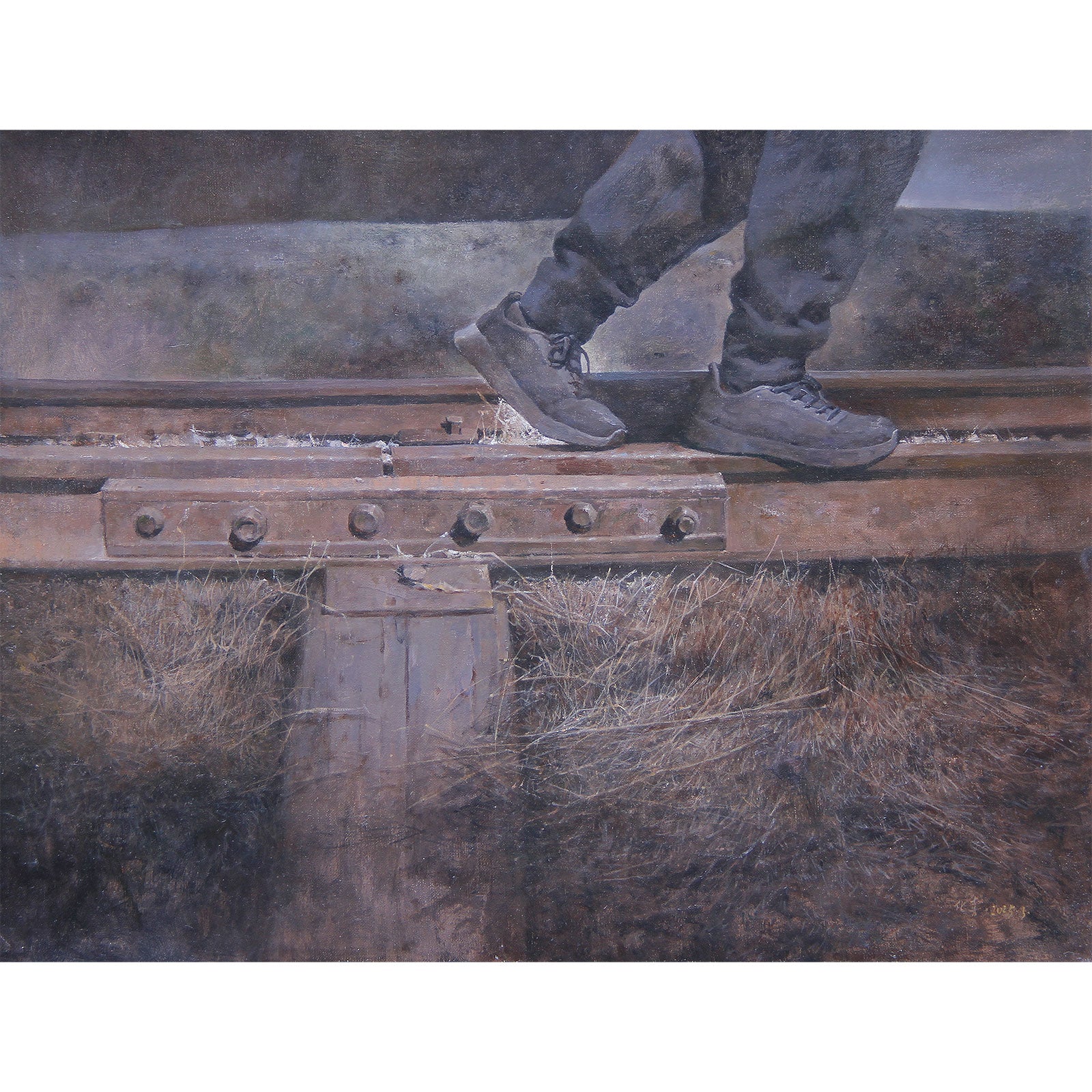Original oil painting featuring weathered metal structure and dry grass in muted tones