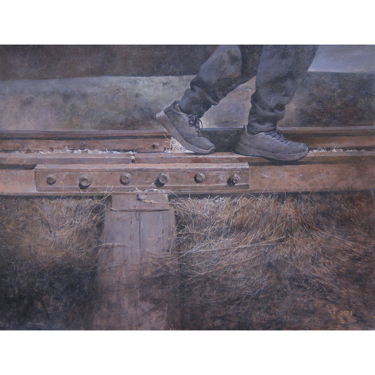 Original oil painting featuring weathered metal structure and dry grass in muted tones