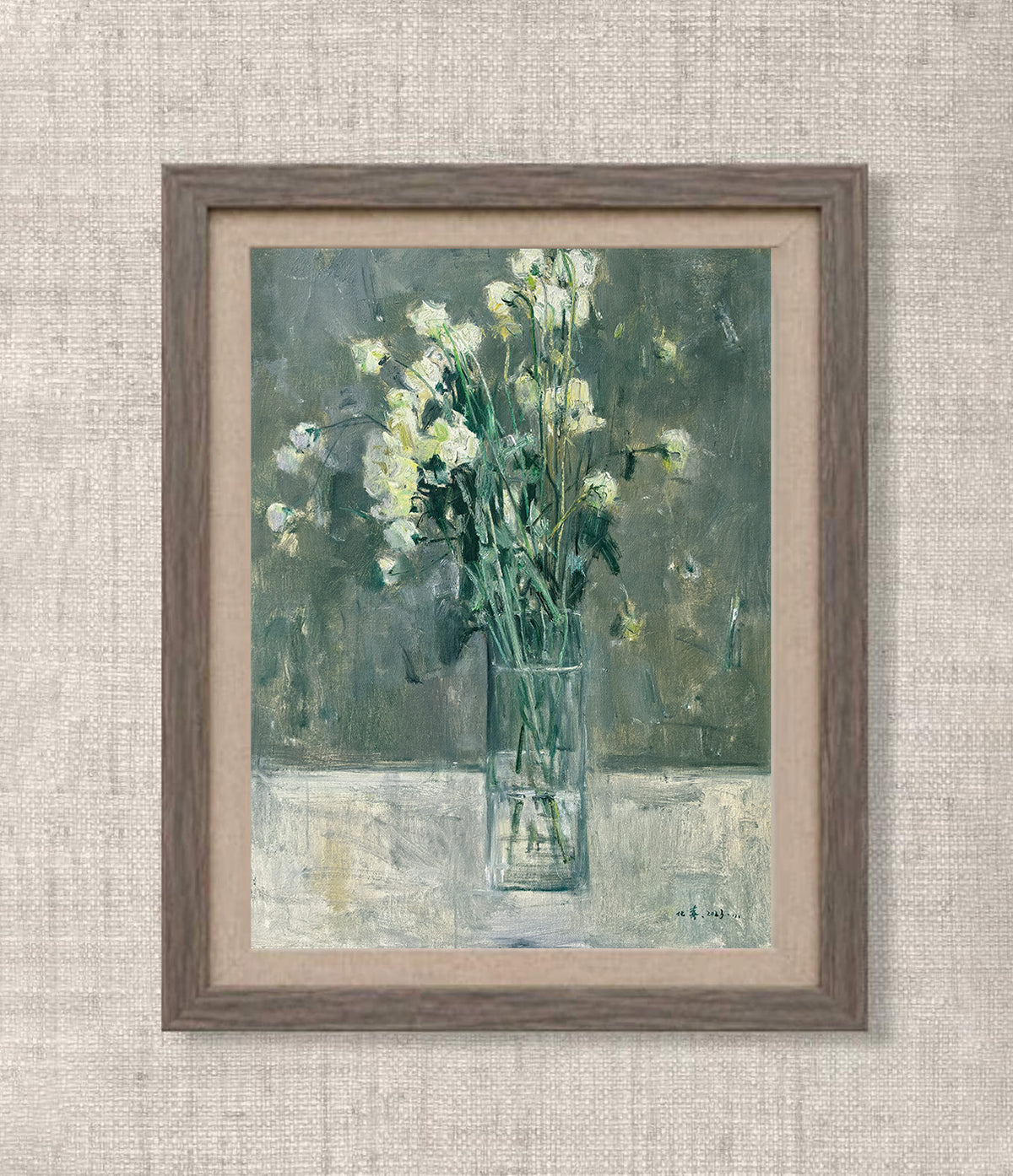 White flowers in a glass vase against a dark green background, original oil painting by Yang Huaxi