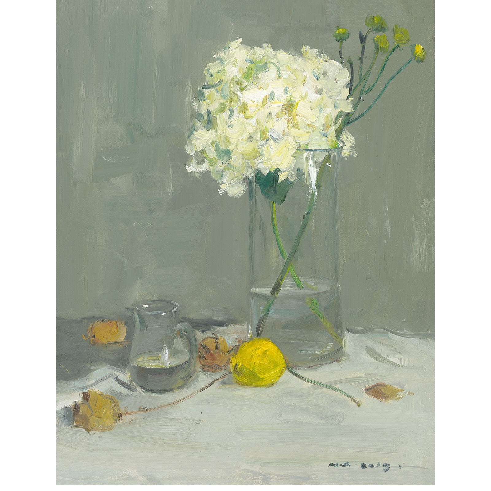 Original oil painting of white flowers in a glass vase with lemon and soft green background