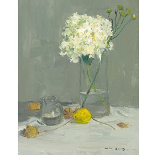 Original oil painting of white flowers in a glass vase with lemon and soft green background