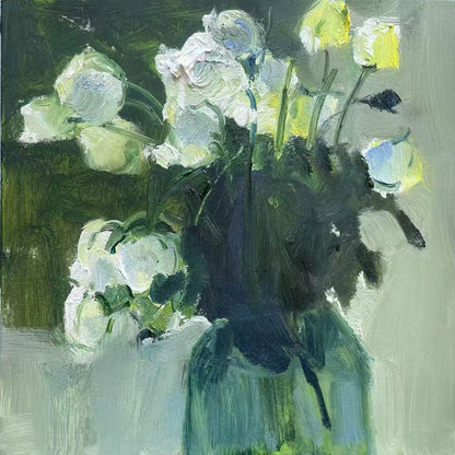 Original oil painting of white flowers in a glass vase with soft green tones and expressive brushwork