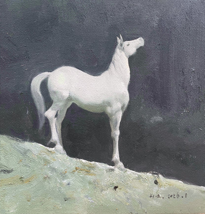 White Horse Oil Painting (Framed) – Original Animal Portrait Artwork