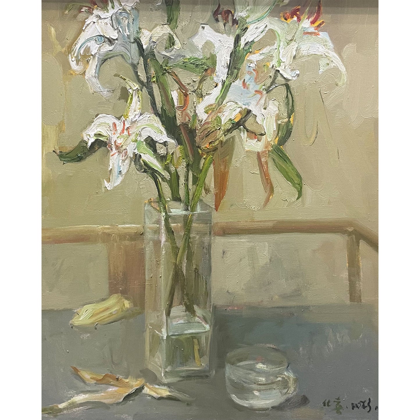 Original oil painting of white lilies in a glass vase with fallen petals and neutral background