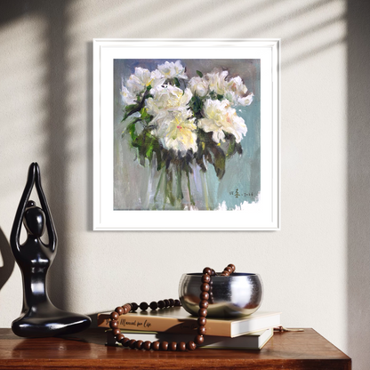 white peony floral wall art in elegant interior
