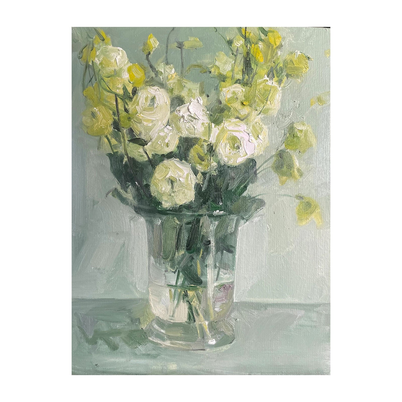 Original white rose still life oil painting with flowers in a glass vase and soft light tones