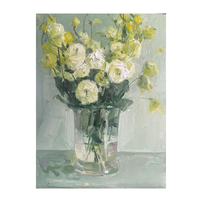 Original white rose still life oil painting with flowers in a glass vase and soft light tones