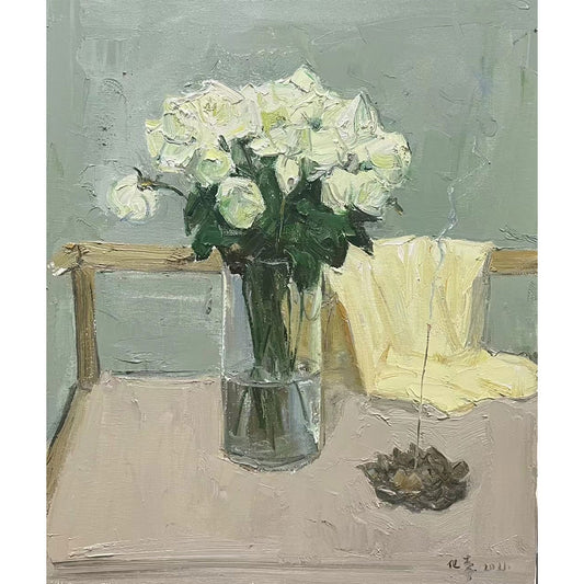Original oil painting of white roses in a glass vase with chair and fabric in an interior setting