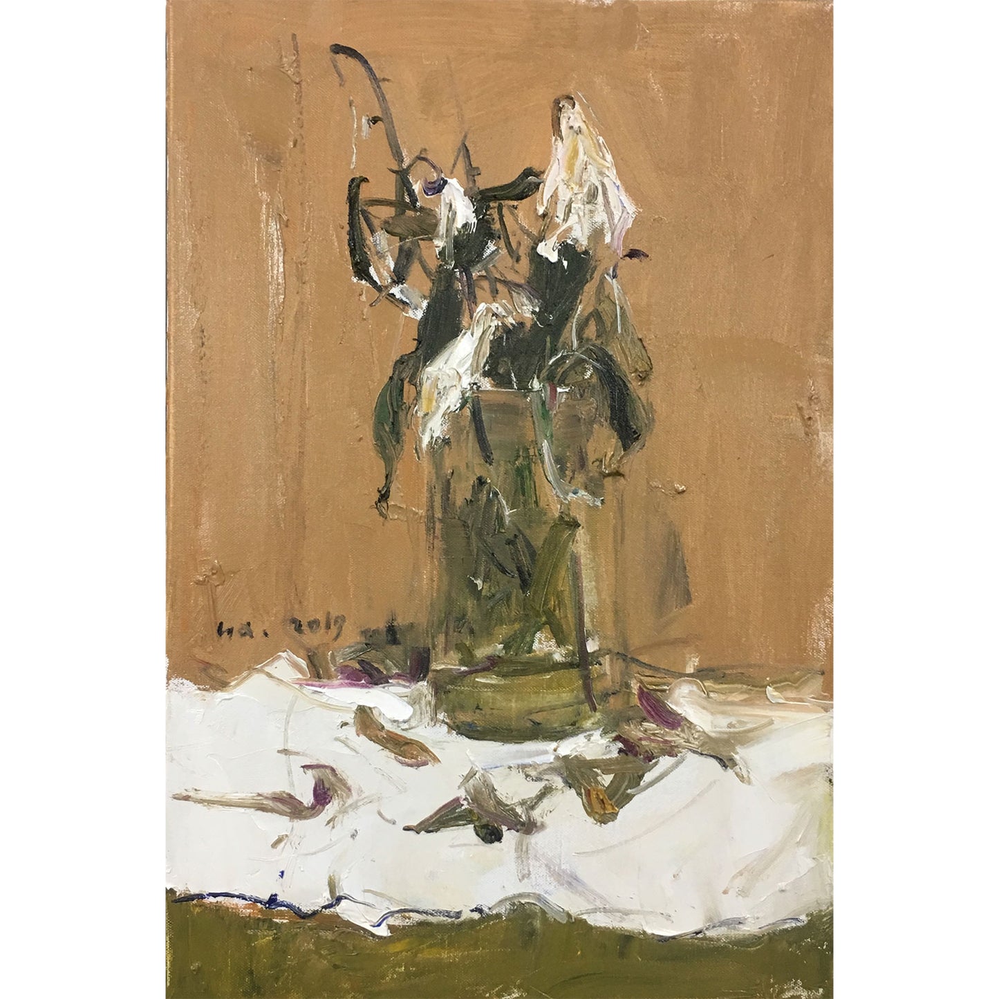 Original oil painting of wilted flowers with expressive brushwork and warm neutral background