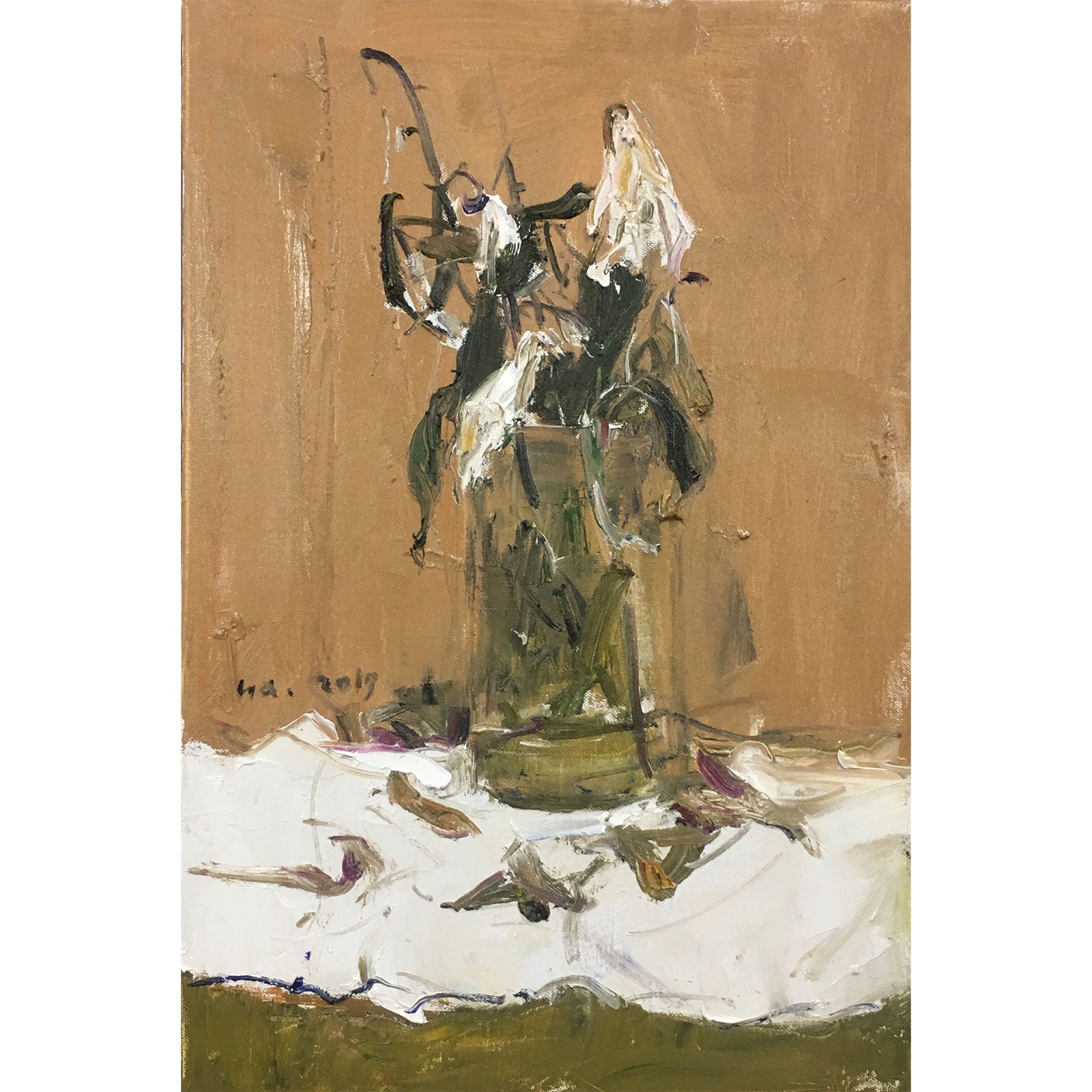 Original oil painting of wilted flowers with expressive brushwork and warm neutral background