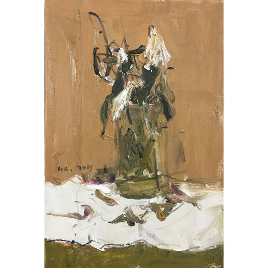 Original oil painting of wilted flowers with expressive brushwork and warm neutral background
