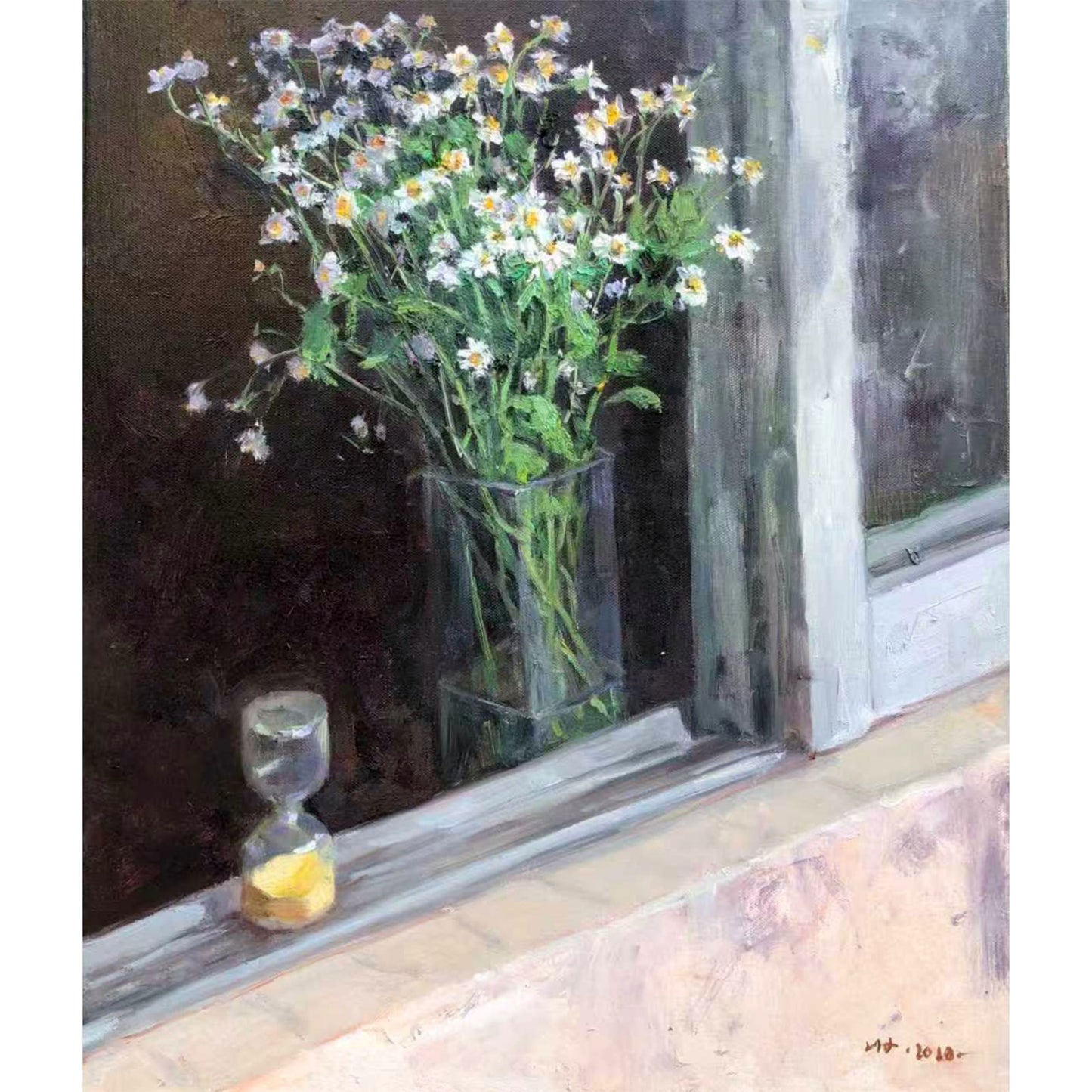 Original oil painting of daisies in a glass vase by a window with natural light and shadow